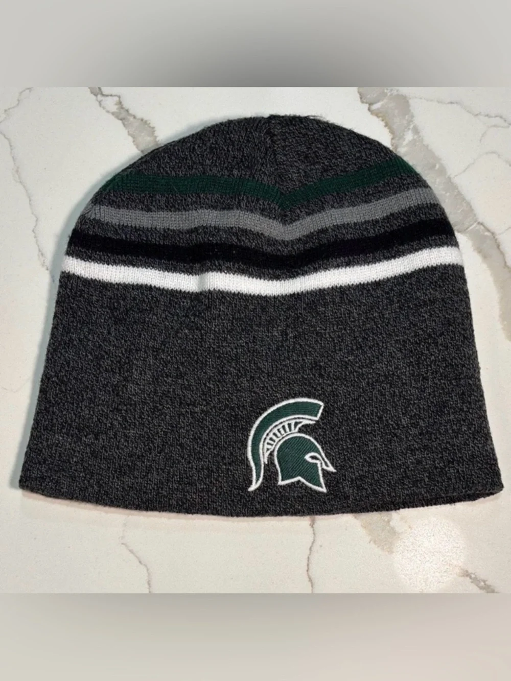 Michigan State Gray Green Striped Winter Knit Beanie Hat Spartan Logo Grey OS